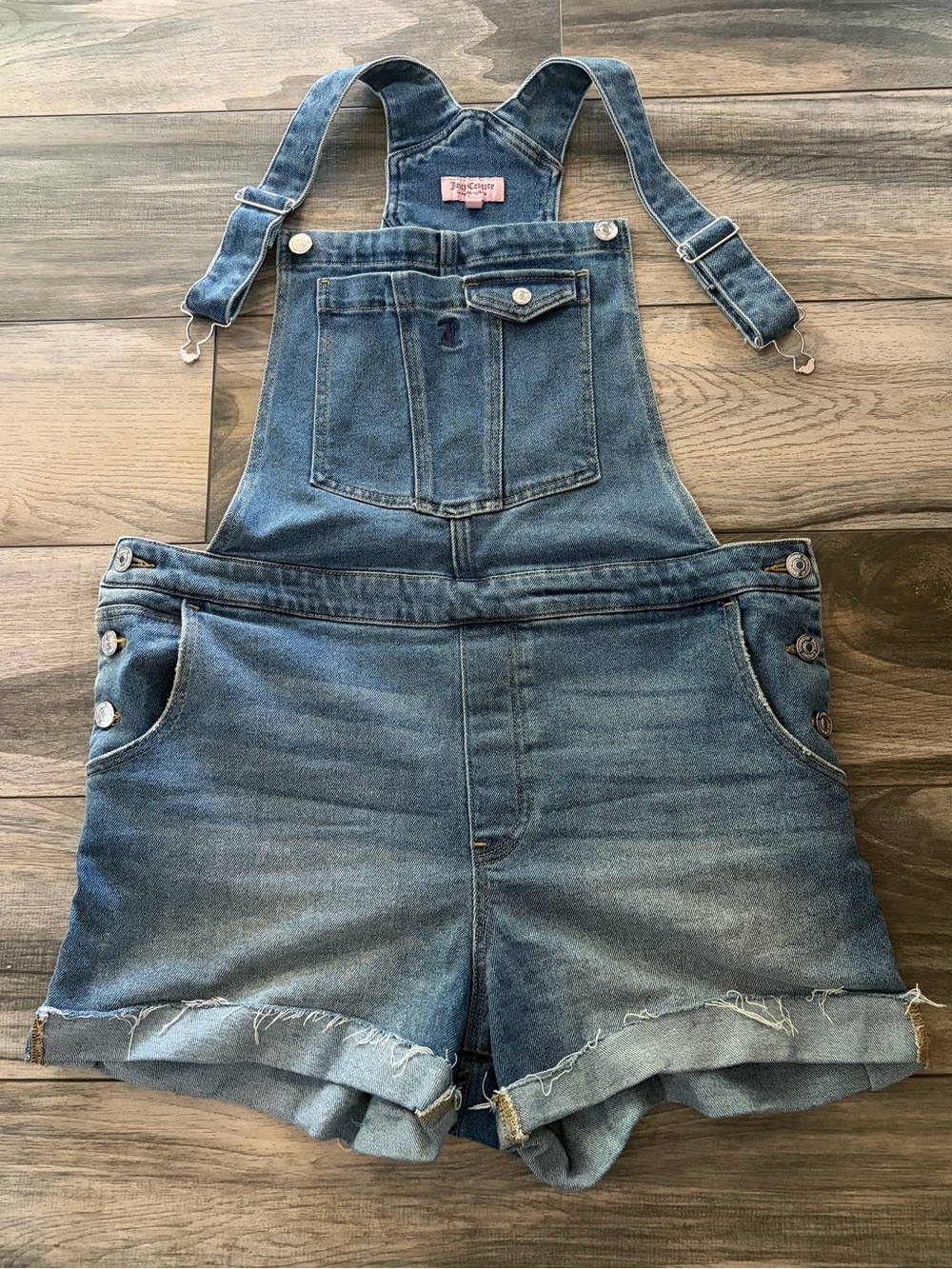 Juicy Couture Denim Short Overalls in Medium Blue